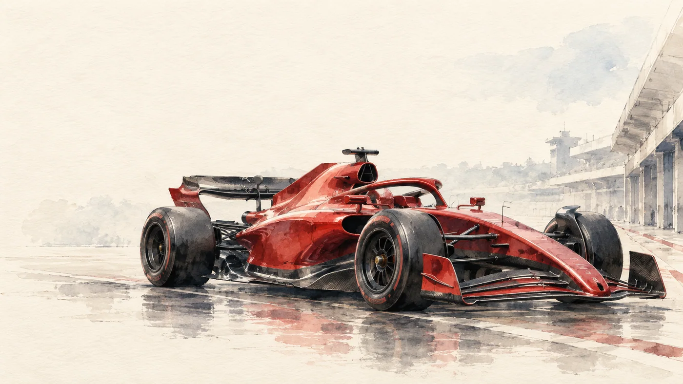 ภาพวาดสีน้ำรถแข่ง F1 สีแดงบนสนาม เป็นภาพวาด ไม่ใช่ภาพถ่ายและไม่ใช่เครื่องหมายทางการของ Ferrari